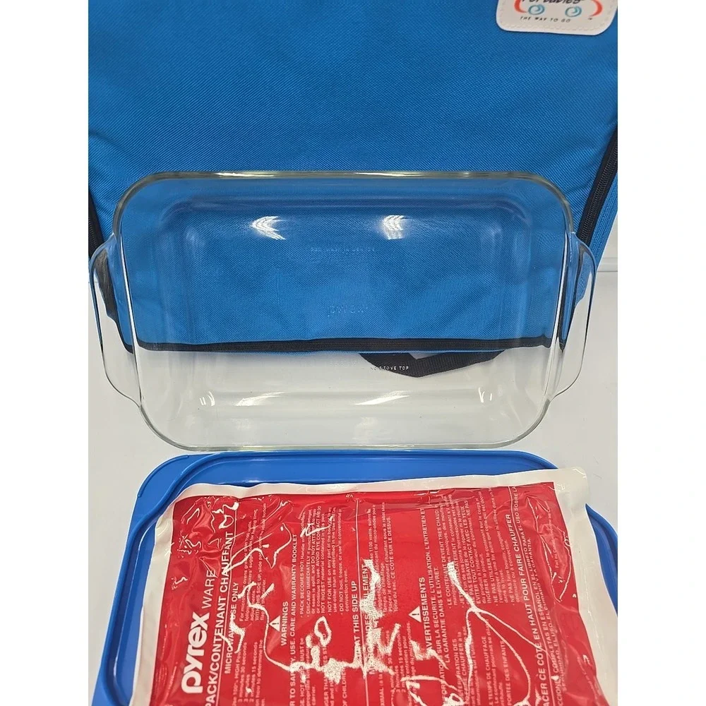 Pyrex Portables Insulated Carrier Glass Baking Casserole Safe Clear Storage Blue